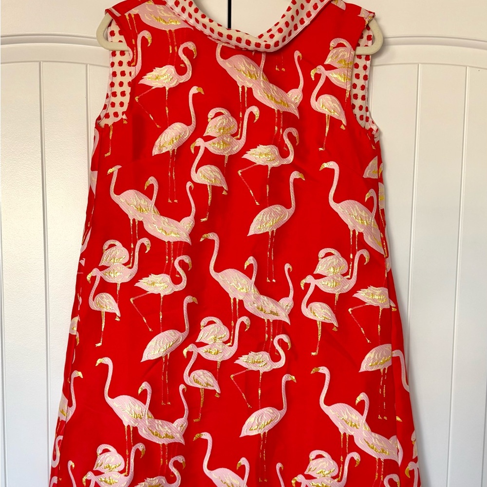 Flamingo Print Red Mini Dress Back Buttons Gold Accents Buru NWT